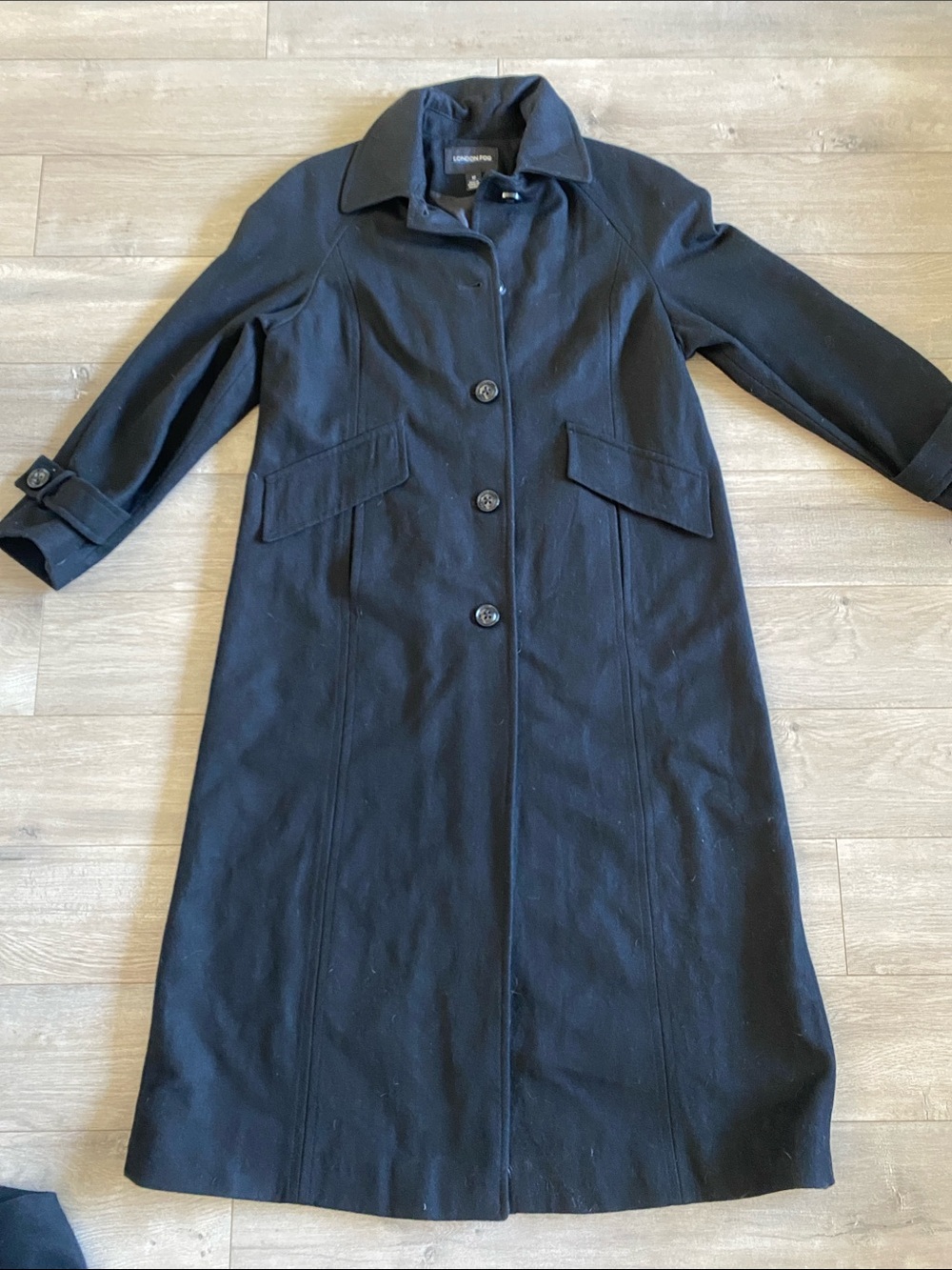 London Fog Black Long Wool-Blend Button Coat single breaded trench pea jacket